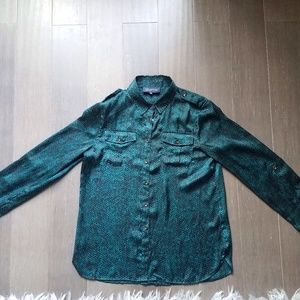 Jones New York festive green and black blouse, size M